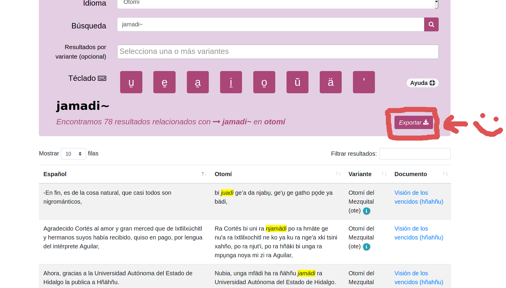 Muestra dónde esta el botón para exportar resultados de búsqueda con una carita feliz
